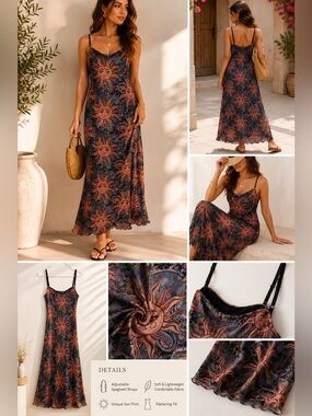 Sun Motif Brown Maxi Slip Dress with Adjustable Straps
